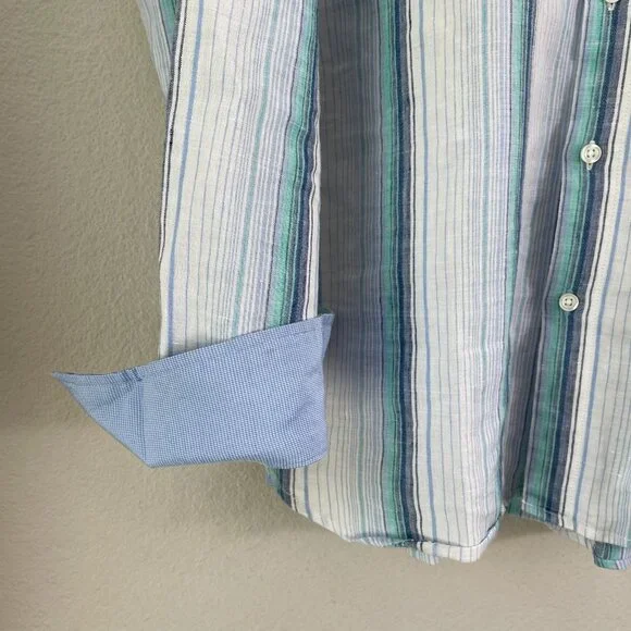 Tommy Bahama Mens Large Stripe Linen Blend Button Up Shirt Long Sleeve Vacation - Picture 4 of 11